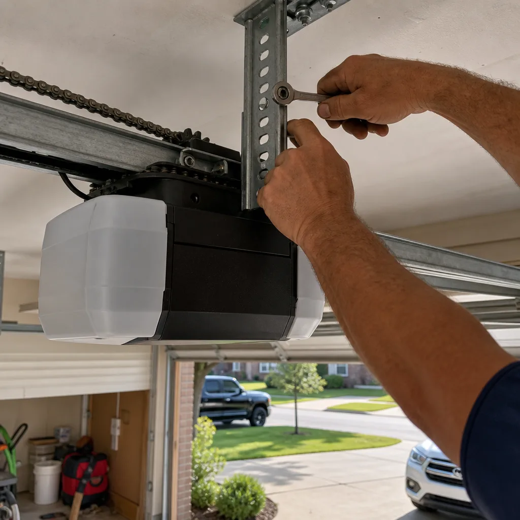 Technician using a wrench to repair a garage door opener motor