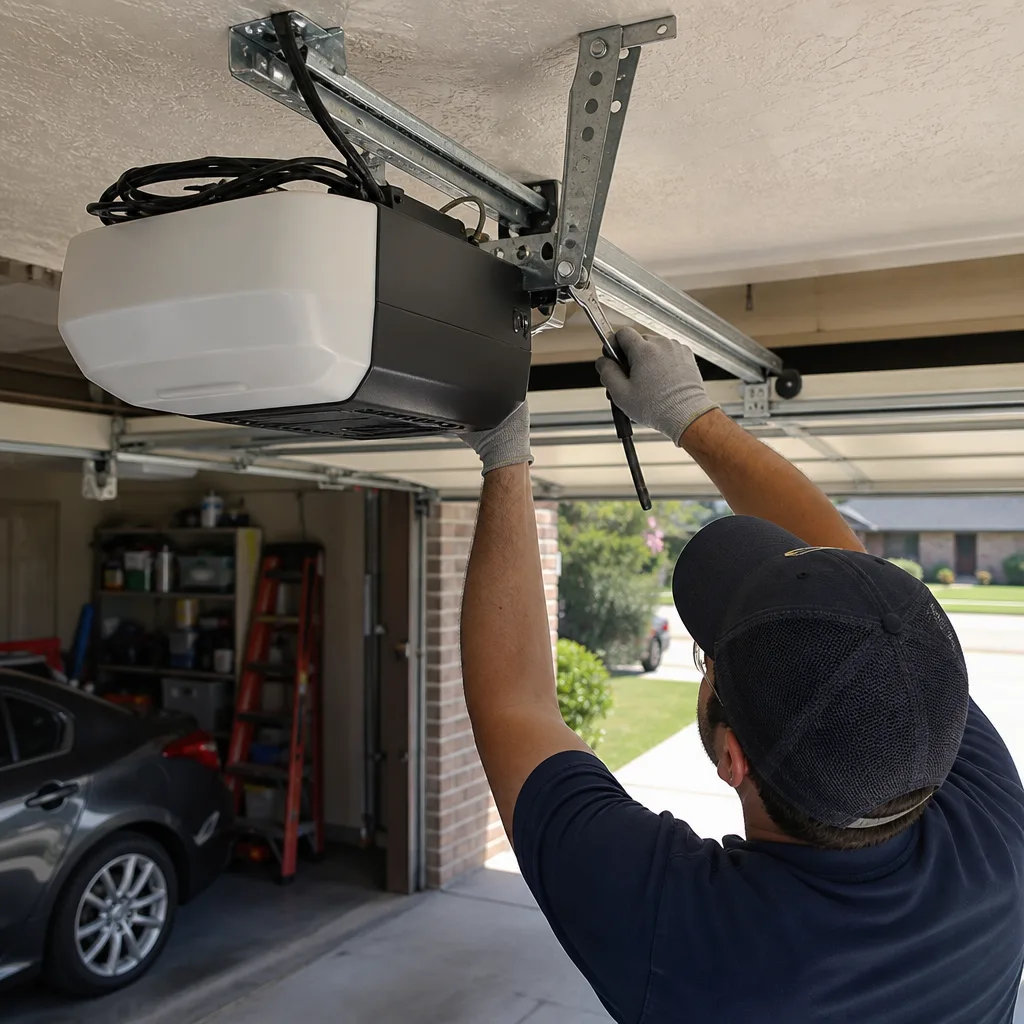 Technician performing professional garage door opener repair and installation