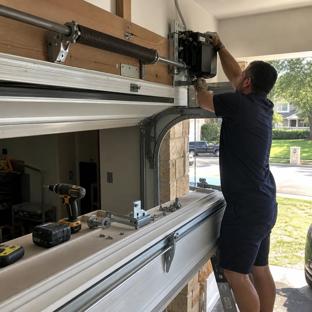 Technician performing professional garage door opener repair and installation services