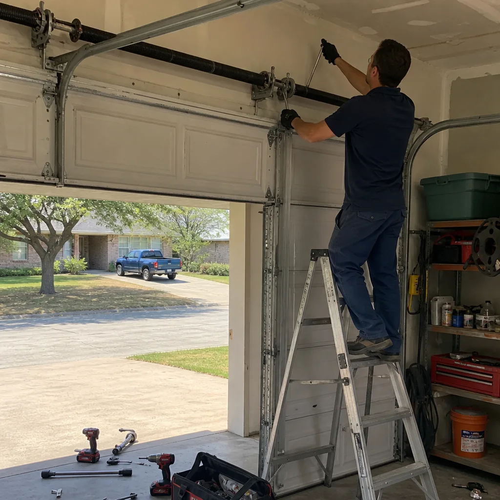 Technician performing professional garage door spring repair and maintenance