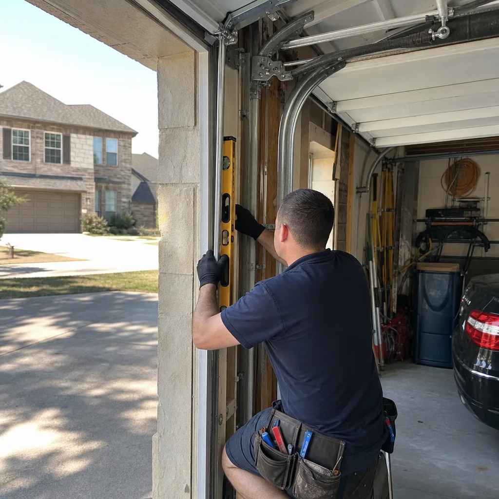 Technician using a level to install or repair a garage door track