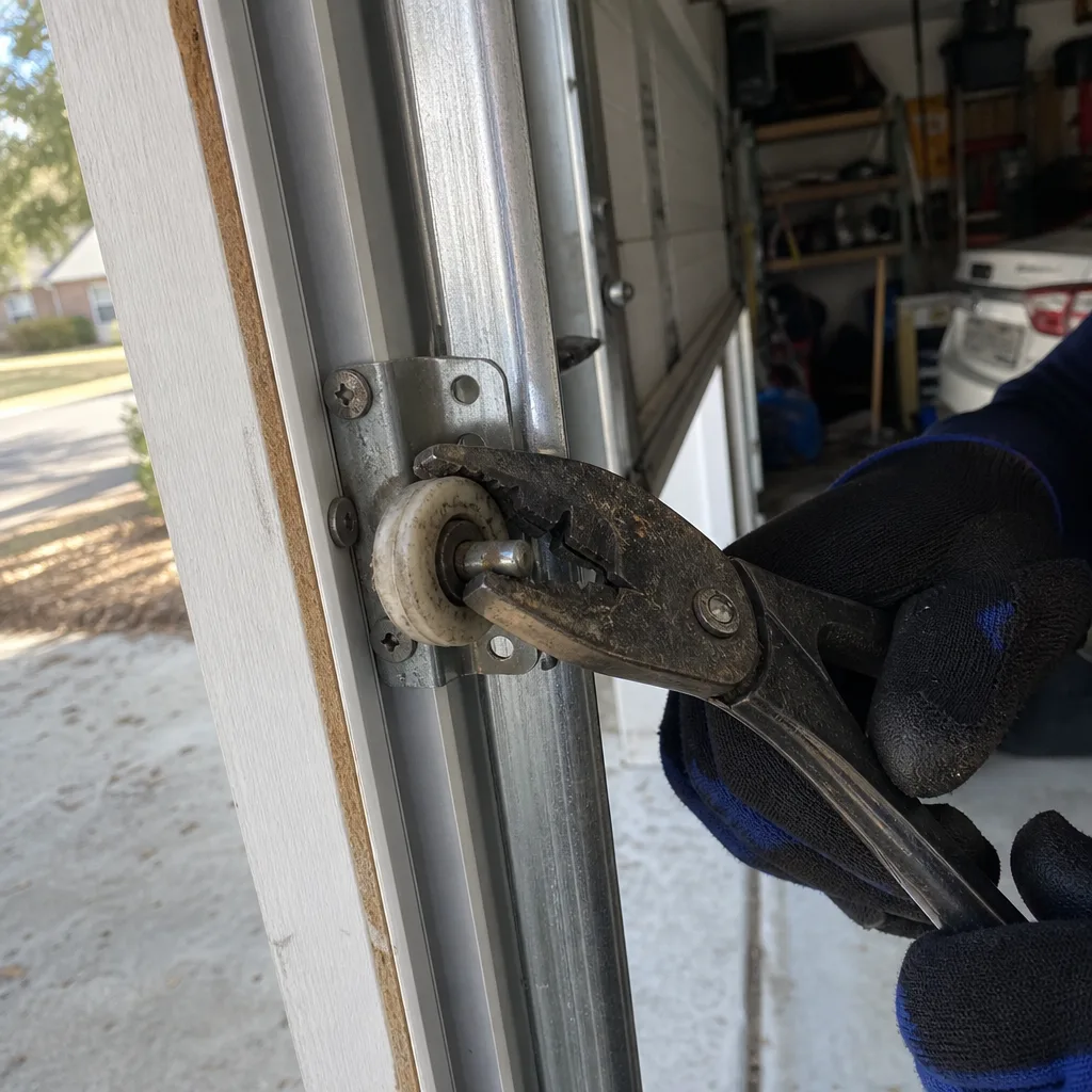 Technician using pliers to repair a garage door roller